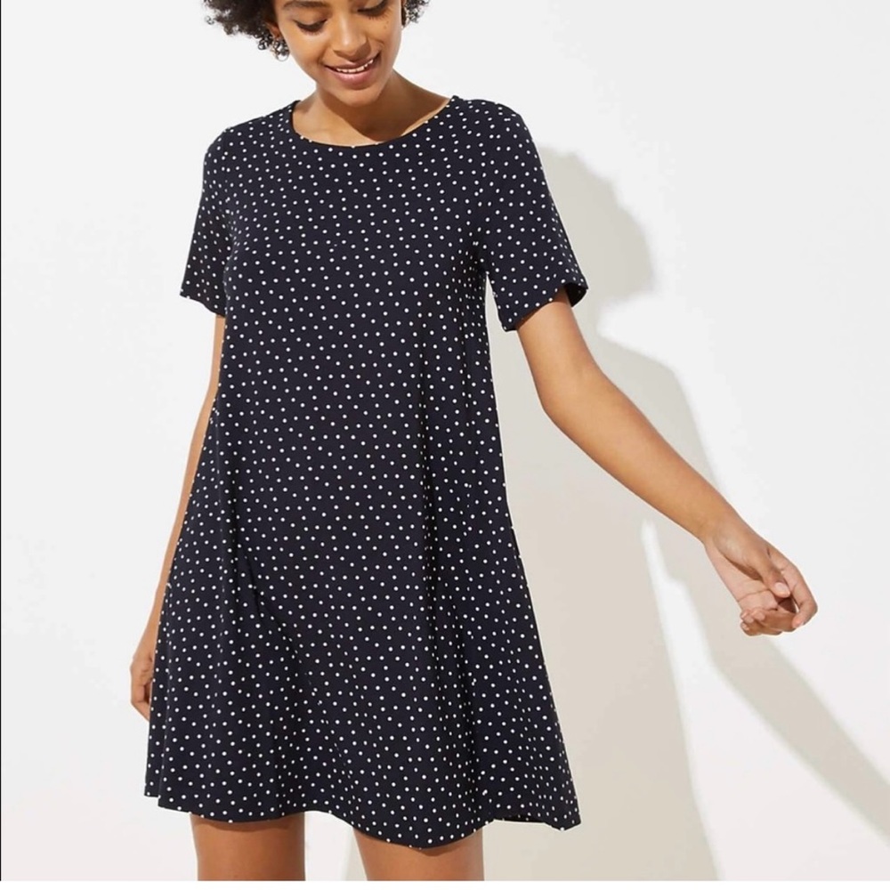 LOFT Black Polka Dot Shift Dress PETITE
